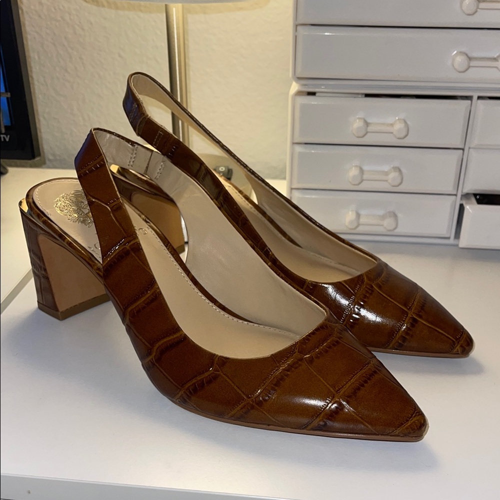 Vince Camuto Brown Croc-Embossed Slingback Heels